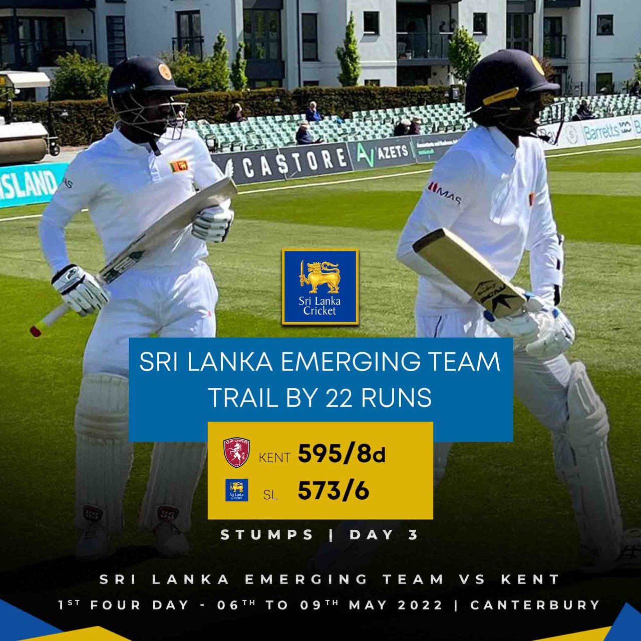 SL Emerging flay Kent – 573/6 – Nishan Madushka record 269, Lasith Croospulle 136, Nuwanidu Fernando 99