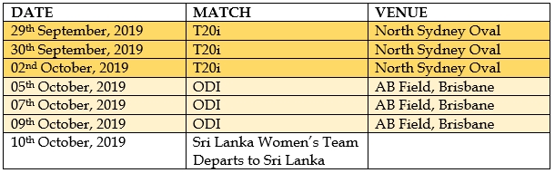 SL Women’s tour of Australia 2019 – Itinerary
