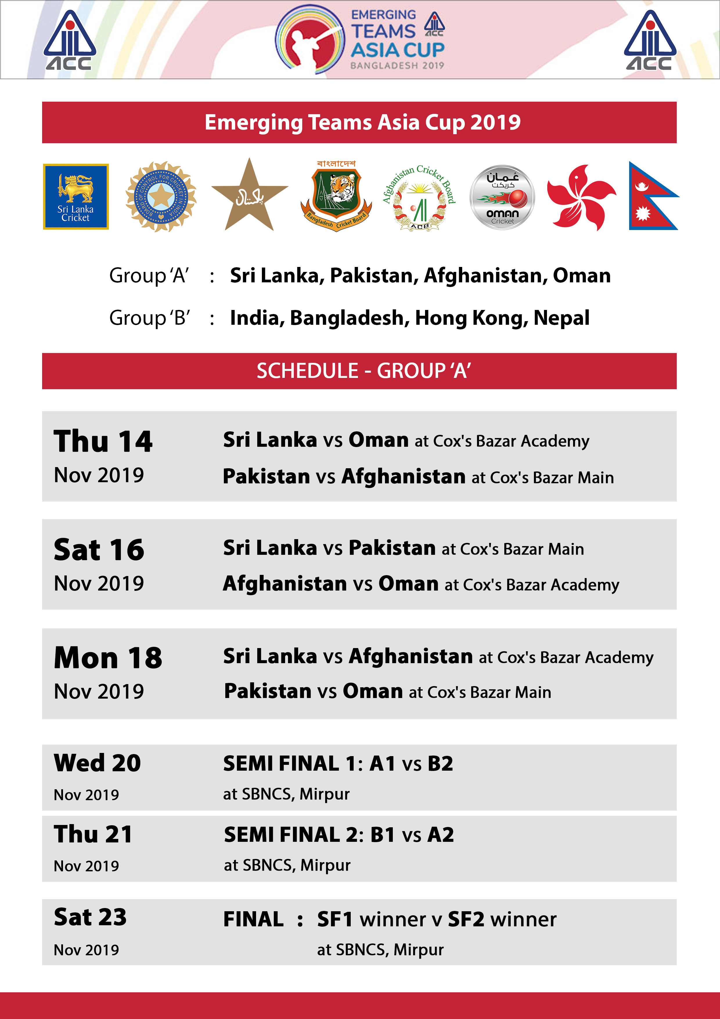 Emerging Teams Asia Cup 2019 – Fixture