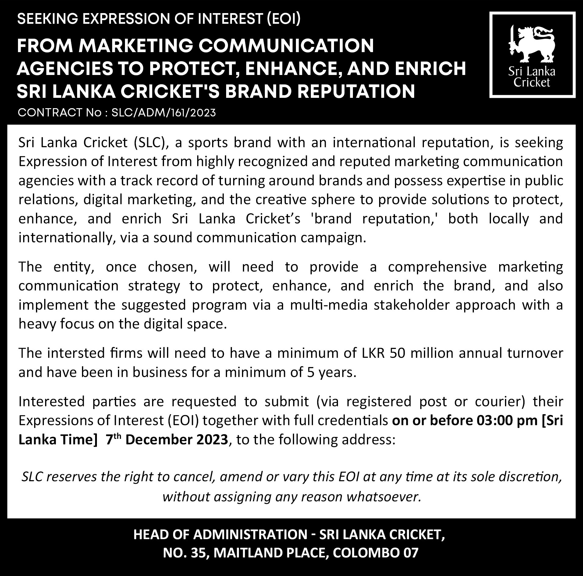 Tenders and Notices Sri Lanka Cricket