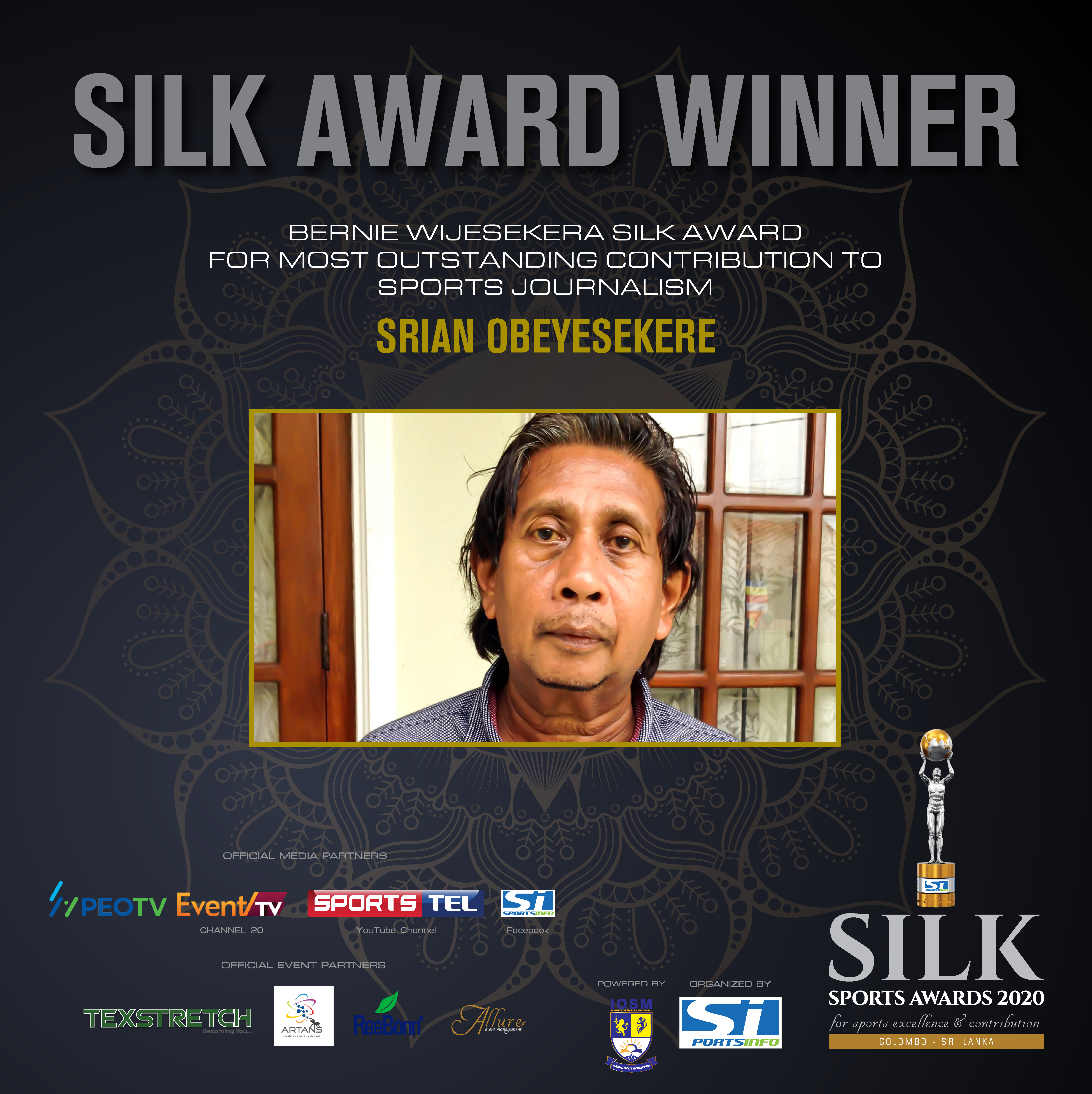 Sri Lanka Cricket writer Srian Obeyesekere wins Major Silk Award 2020 for Outstanding Contribution to Sports