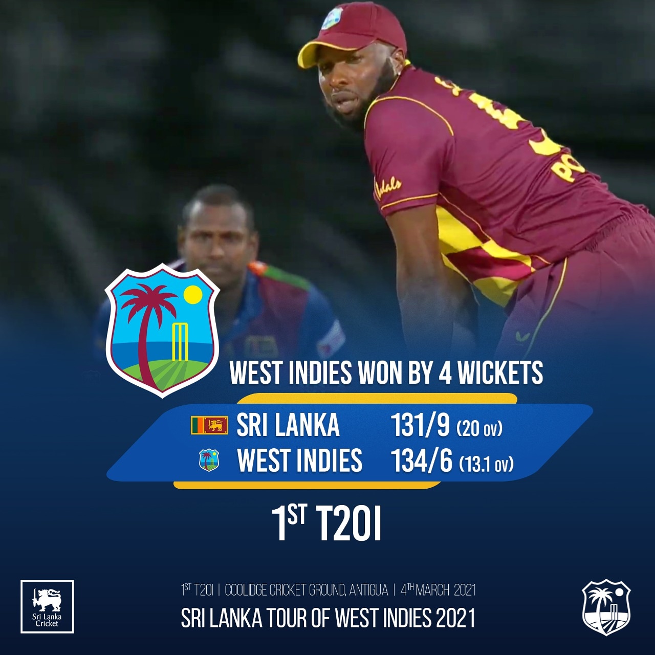 Kieron Pollard 6 sixes blitzkrieg undoes Dananjaya Hat-trick as West Indies win by 4 wickets