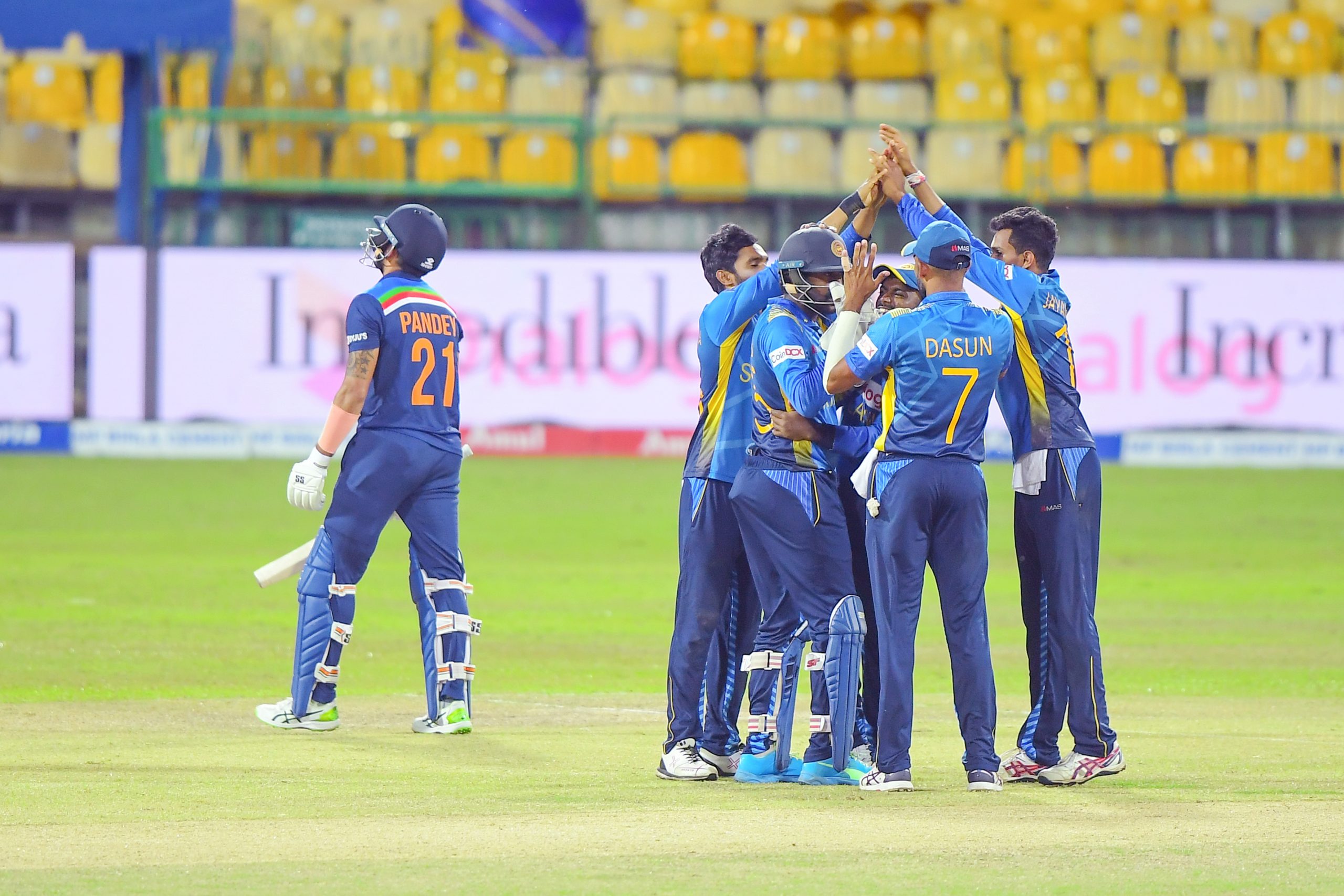 Sri Lanka down India with spin to win by 3 wkts. Avishka Fernando 76, Bhanuka Rajapaksa 65