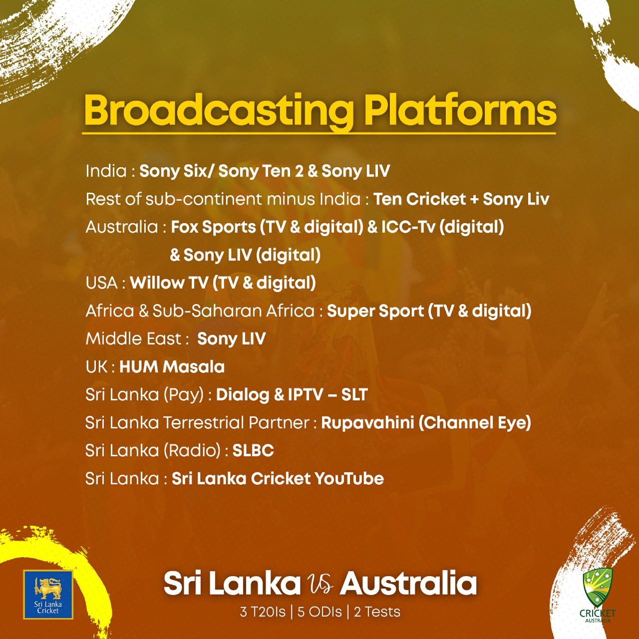Australia tour of Sri Lanka 2022 | Broadcast Platforms