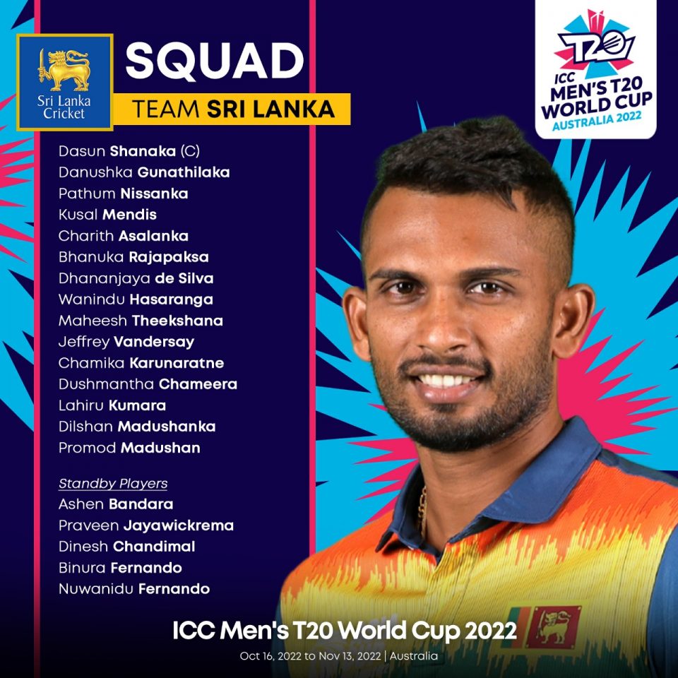Sri Lanka Squad for the ICC Men's T20 World Cup Sri Lanka Cricket