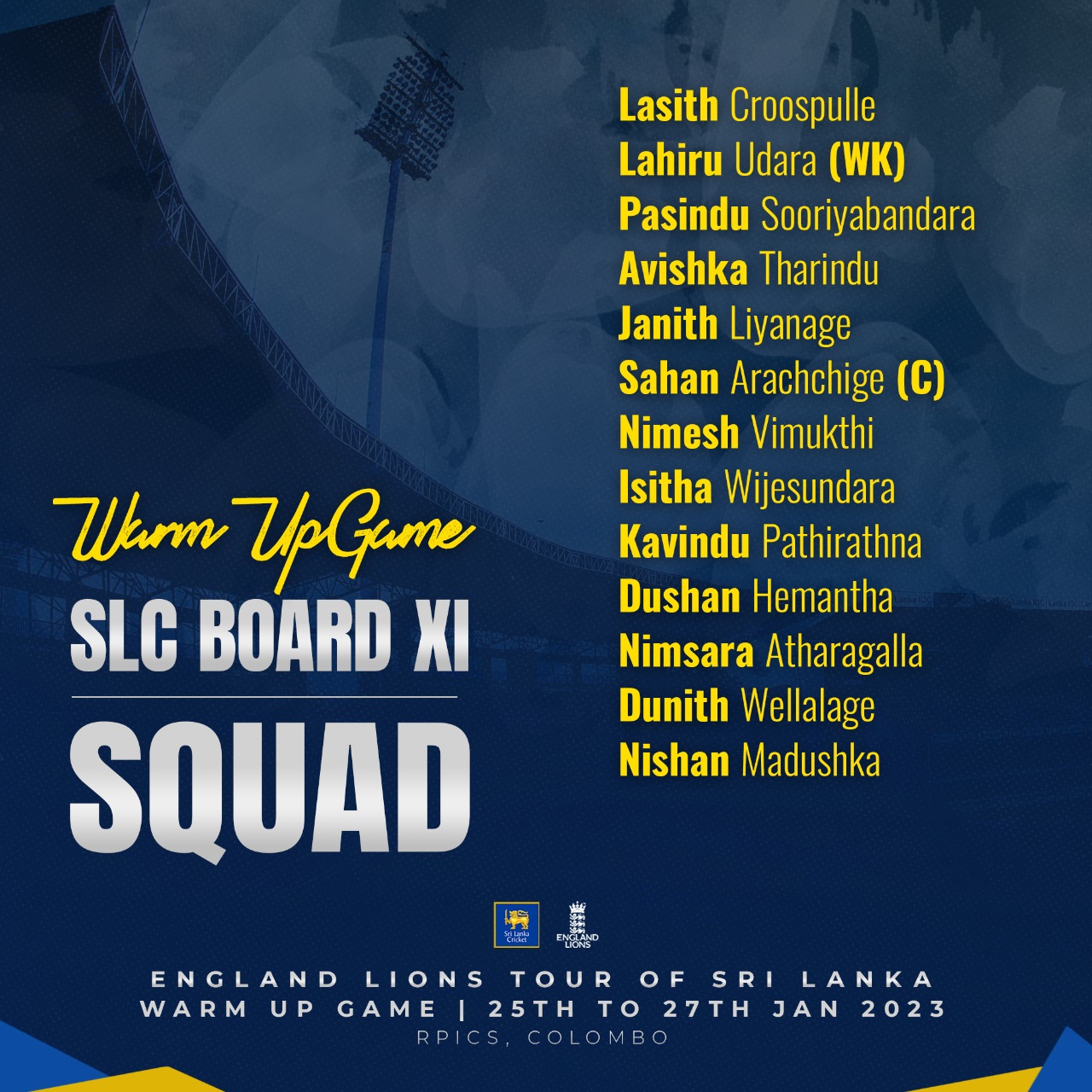 SLC Board XI squad for 3-day warm-up game against England Lions