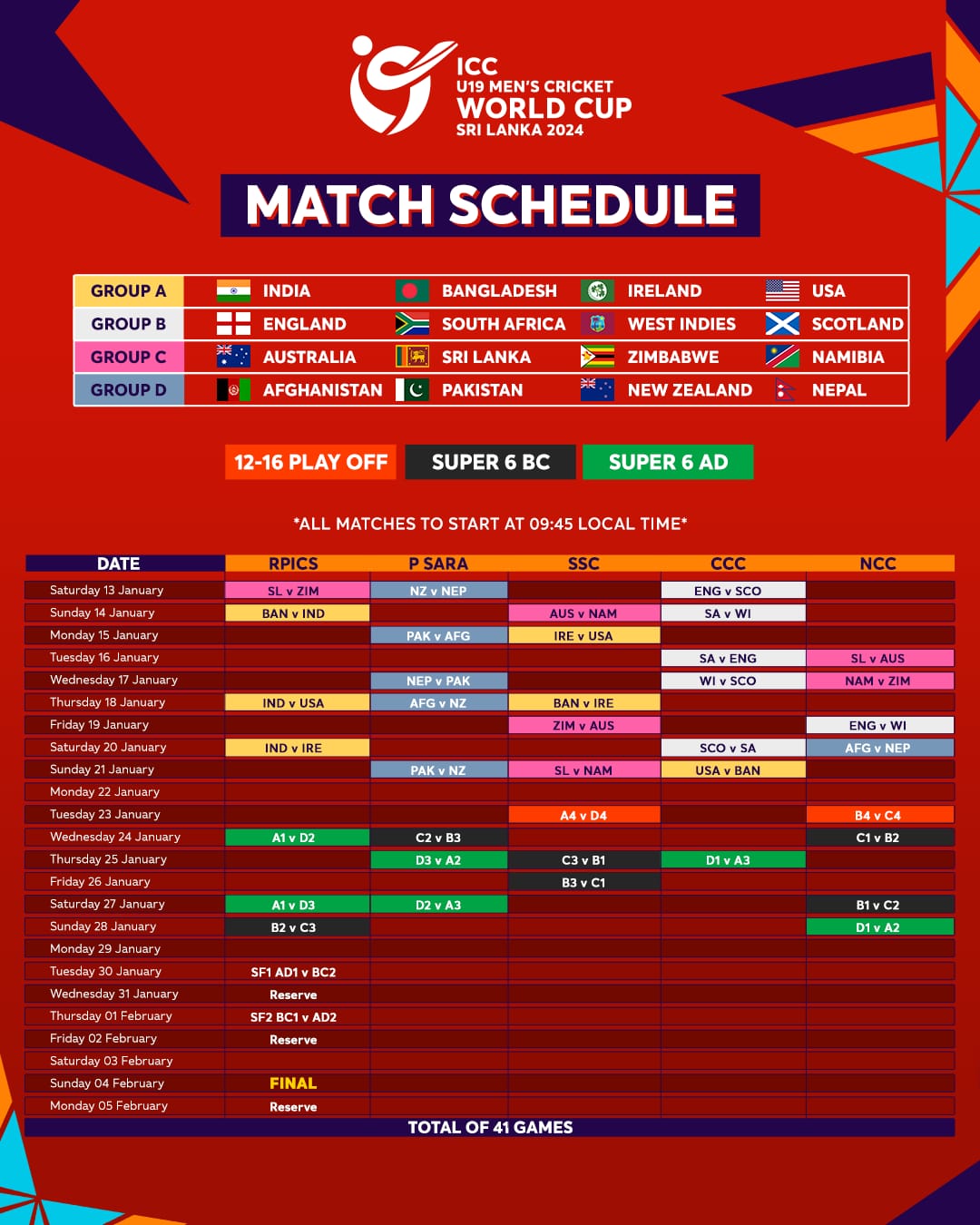 SCHEDULE ANNOUNCED FOR ICC U19 MEN’S CRICKET WORLD CUP SRI LANKA 2024